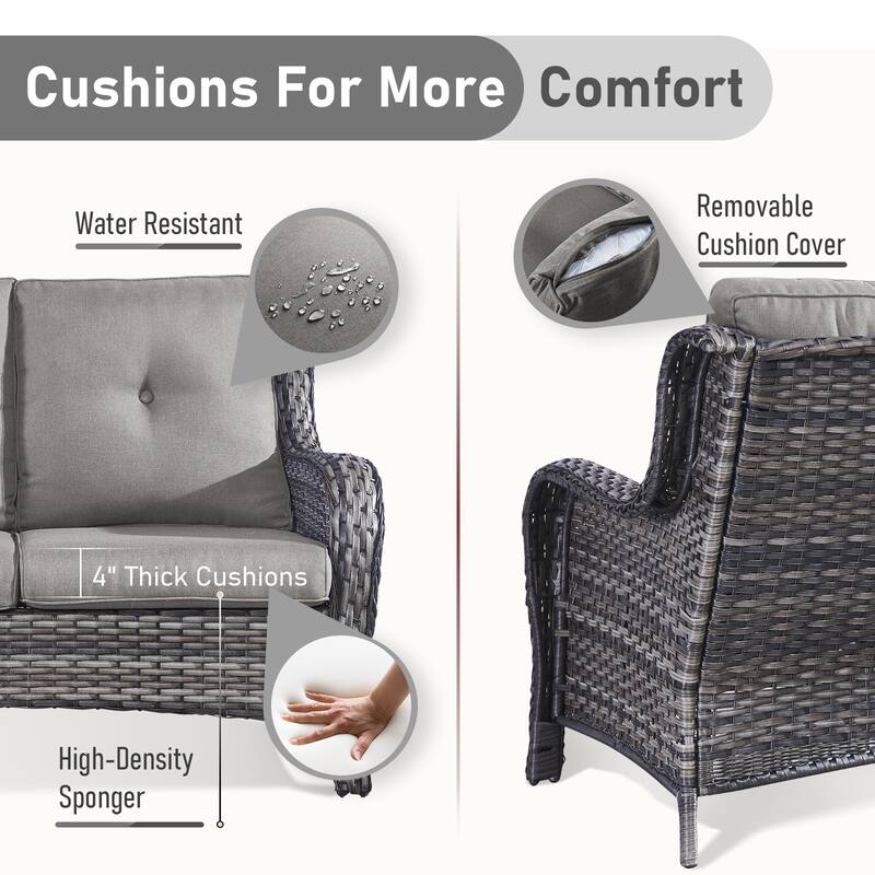 Pocassy Patio 5/7 Piece Sofa Swivel Chair Ottoman with Fire Pit Table