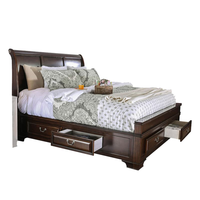 Lio Four Piece King Size Bedroom Set, Cherry Brown Wood Inlay Design, Silver Metal Handles