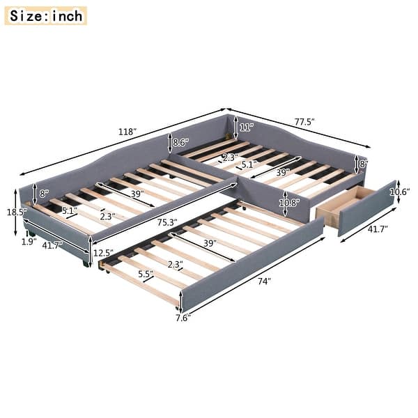 dimension image slide 0 of 3, 3-in-1 Daybed L-shape Corner Sofa Bed with Pull-out Drawer and Trundle Bed, Linen Upholstered Bed Twin Size Sleeper Couch Bed