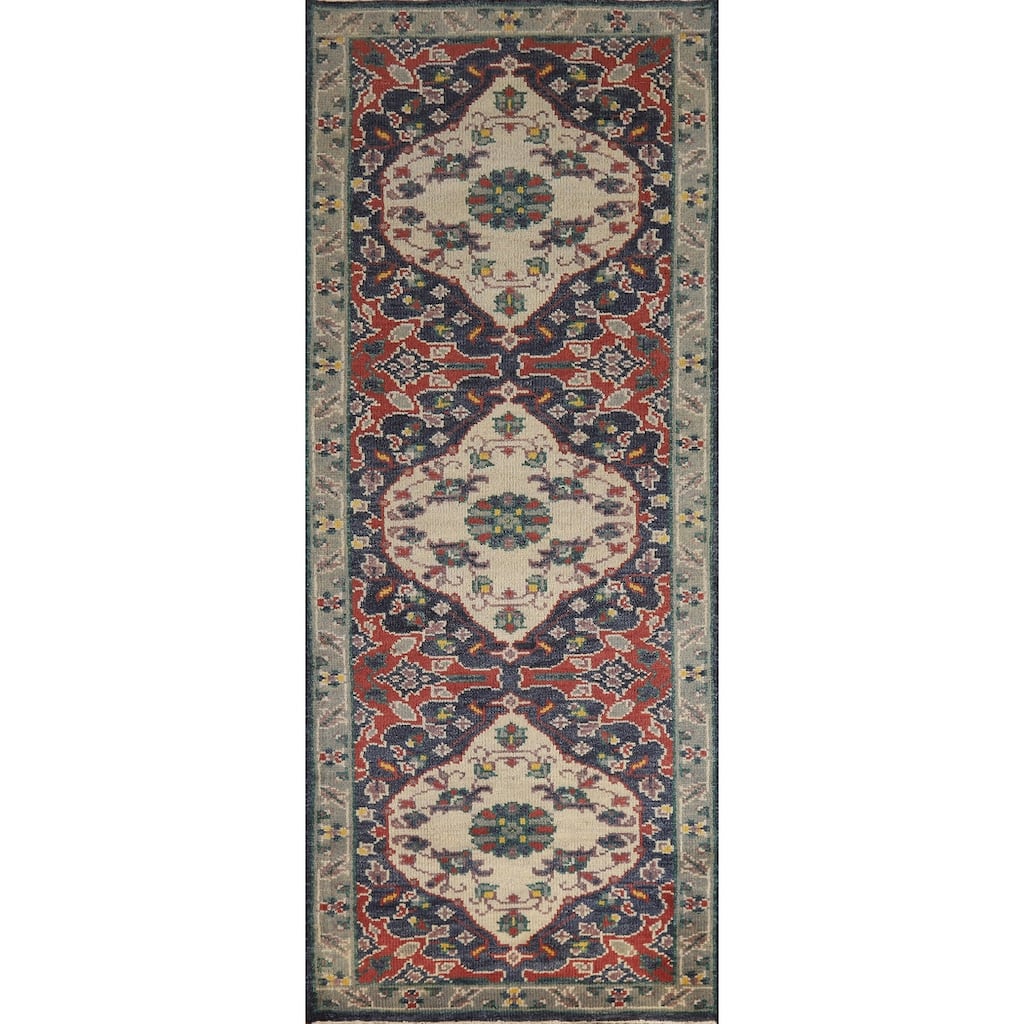 Hand Knotted Oriental 100% Wool Carpet Traditional Floral Navy Blue & Blues Heriz (serapi) Runner Rug - 8' 1'' X 2' 7''