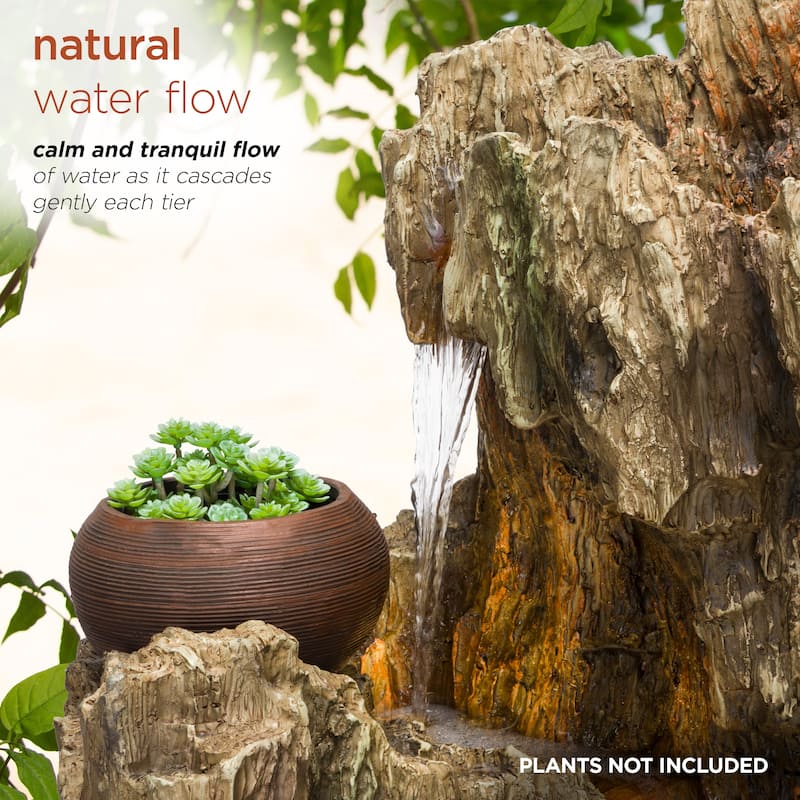 Alpine Corporation WIN1530 Indoor/Outdoor Floor Waterfall, Tree Trunk Fountain w/ LED Lights & 2 Flower Pots, 52", Brown