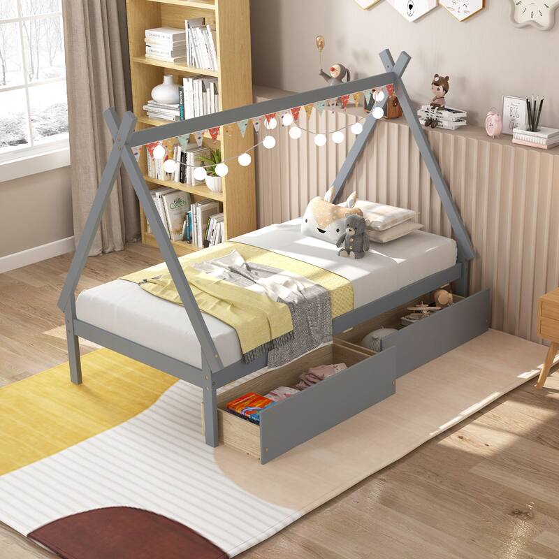 Kids Twin Size Wooden House-Shaped Platform Bed with Storage Drawers for Boys and Girls