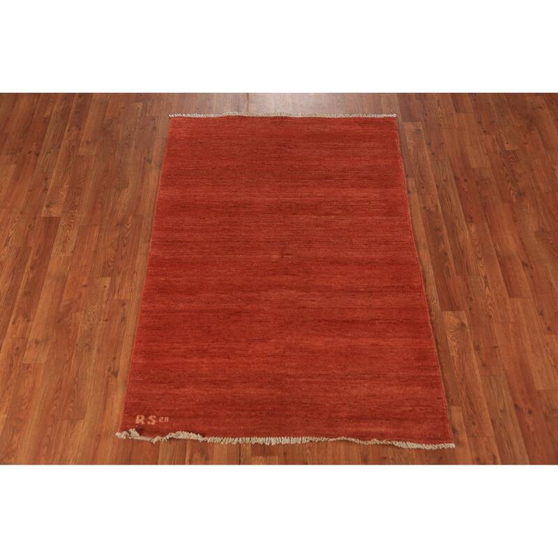 Stripe Orange Gabbeh Modern Rug Handmade Wool Carpet - 3'5" x 4'10"