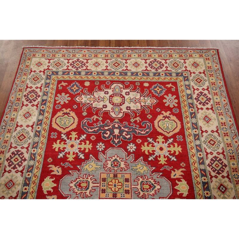 Red Geometric Kazak Area Rug Handmade Traditional Oriental Wool Carpet - 4'10" x 6'8"