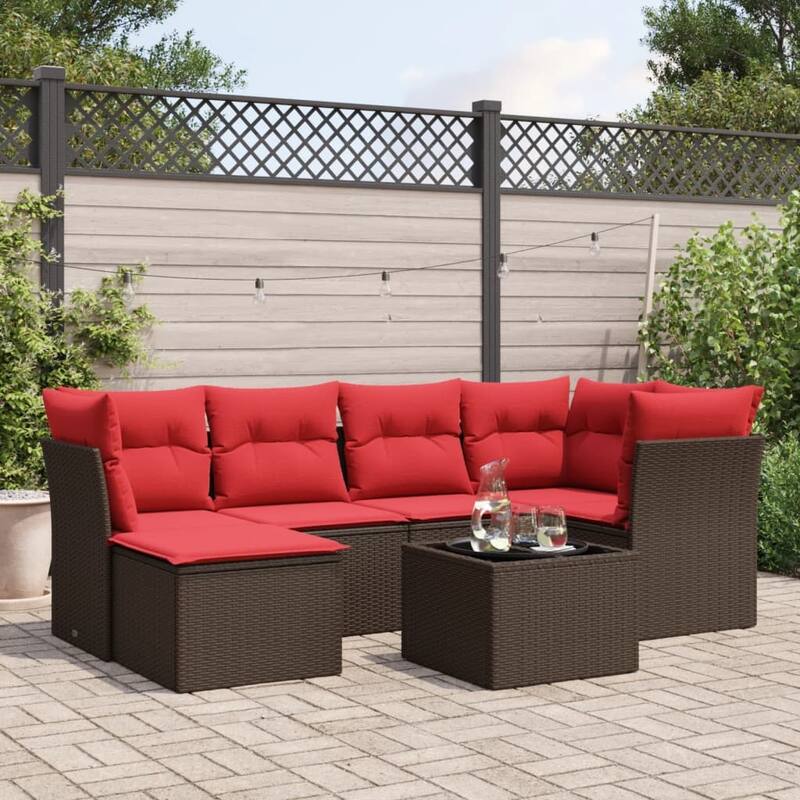 vidaXL 6/7 Piece Patio Sofa Set with Cushions Black/Brown/Gray Poly Rattan - 21.7 x 24.4 x 27.2 - Brown and red With table