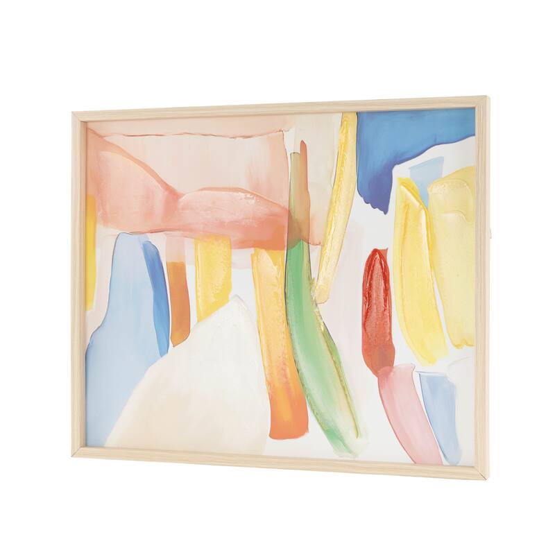Canvas Abstract Framed Wall Art with Brushed Paint Strokes and Light Brown Frame - Multi Colored - Roche River Decor