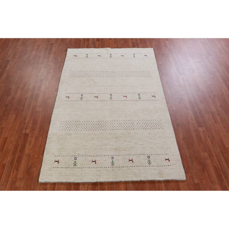 Hand Knotted Oriental 100% Wool Carpet Tribal Animal Pictorial Beige & Ivories Gabbeh Area Rug - 7' 11'' X 5' 1''