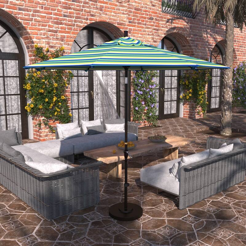 California Umbrella 9' Sunset Series Patio Umbrella Bronze Aluminum Frame and Ribs, Crank Lift Auto Tilt, Sunbrella Cilantro - Seville Seaside