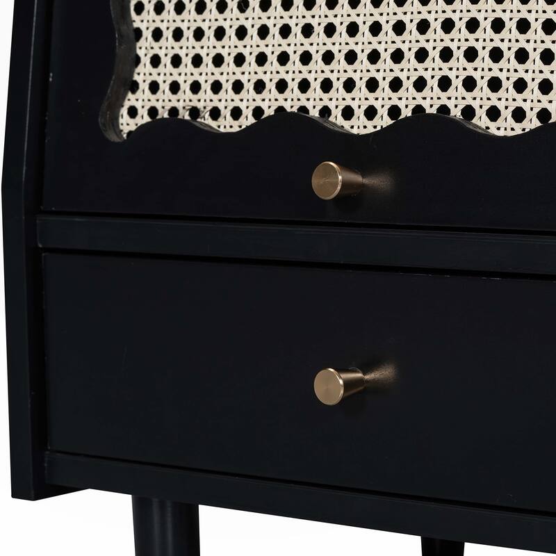 Wooden Nightstand with Rattan