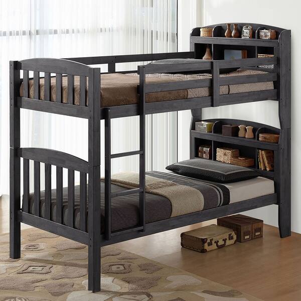 slide 2 of 7, Furniture of America Maurice Gray Solid Wood Twin Over Twin Bunk Bed with Attached Ladder Stain Grey