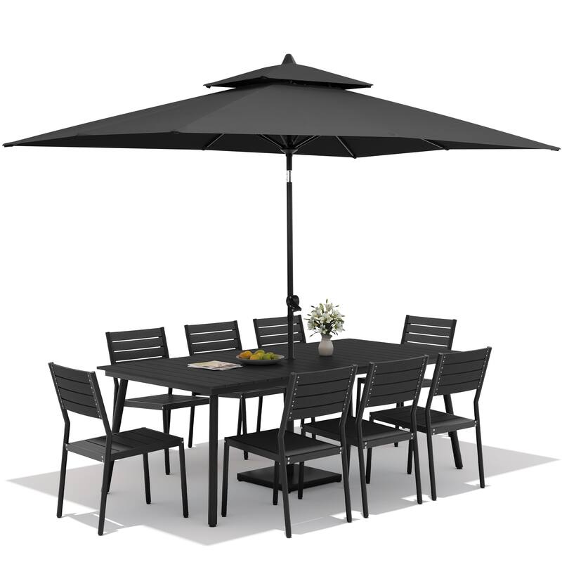 11PC Outdoor Patio Dining Set Aluminum Table with Stackable Chairs w/ Market Umbrella Set