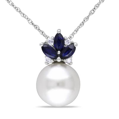 Miadora 10k White Gold Cultured Freshwater Pearl, Sapphire and Diamond Necklace (H-I, I2-I3) (8.5-9 mm)