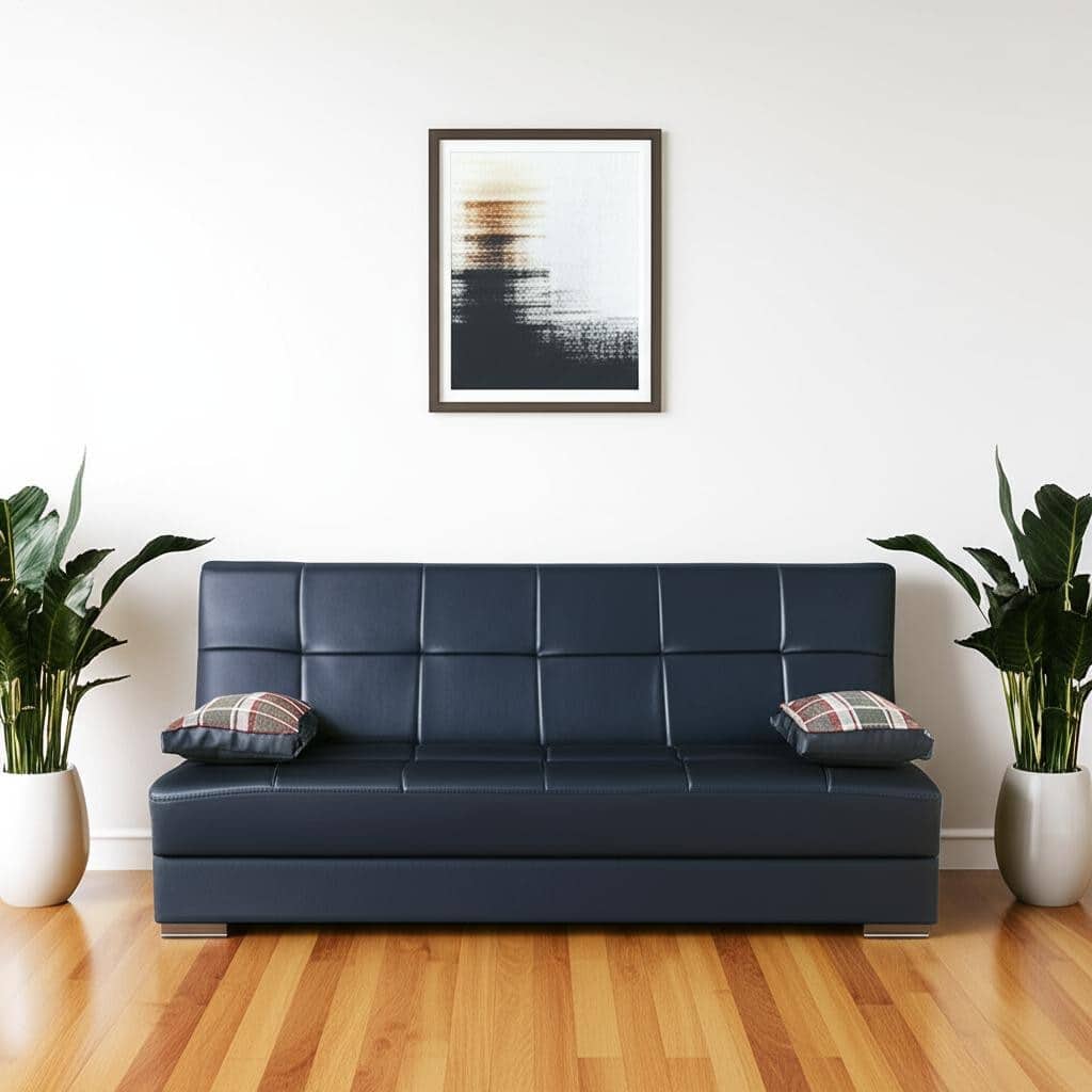 HomeRoots 75" Black Faux Leather Convertible Futon Sleeper Sofa And Toss Pillows With Storage