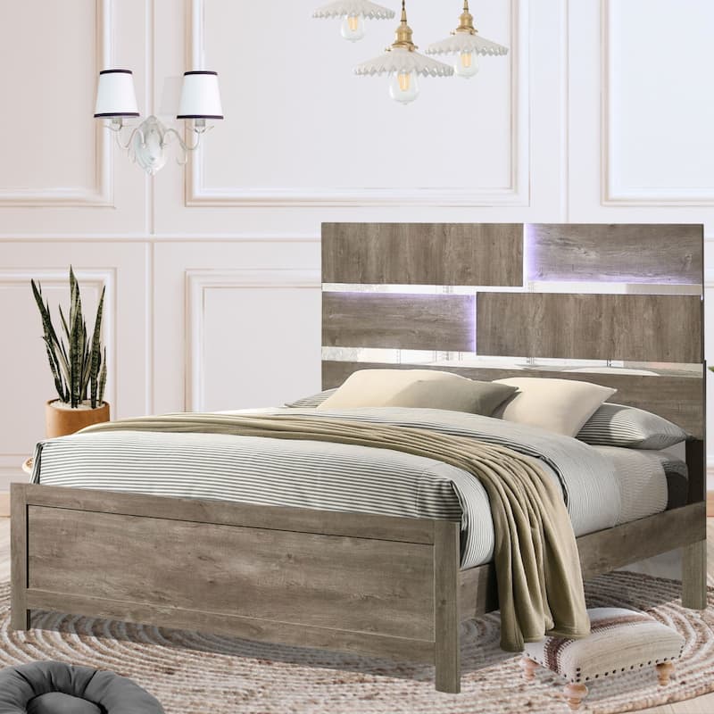 Dawson Light Brown Wood Bed with LED Lighting and Modern Panel Design - Queen