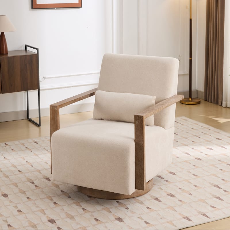 Mid-Century Boucle Upholstered Swivel Armchair With Pillow
