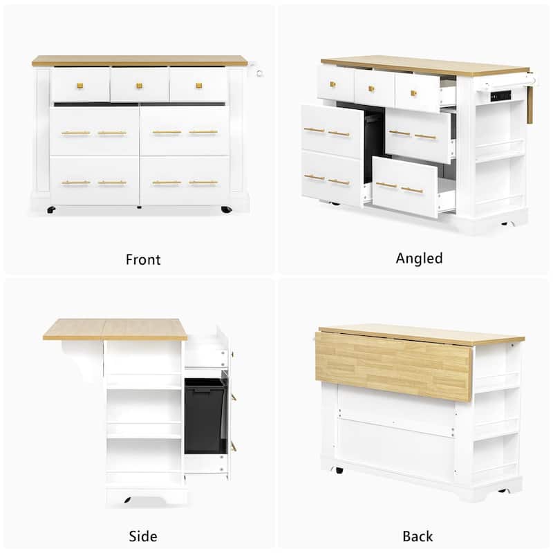 Kitchen Island with 6 Drawers, Pull Out Trash Can Storage, with Drop Leaf, Power Outlet, 5 Open Side Racks
