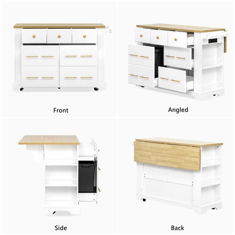Rolling Kitchen Island Cart on 5 Wheels with 6 Drawers, 5 Open Side Racks, Pull Out Trash Can Storage, Drop Leaf, Power Outlet