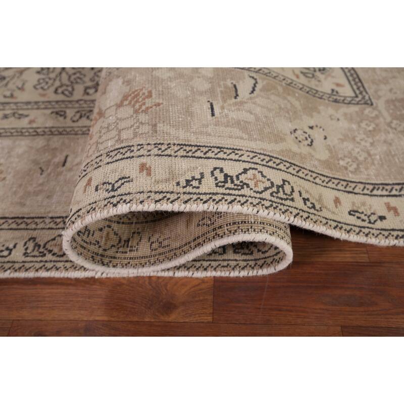 Distressed Tabriz Vintage Persian Rug Hand-Knotted Beige Wool Carpet - 6'6" x 9'11"