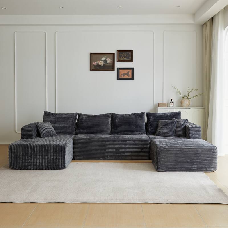 Corduroy Modular Sectional Sofa with Ottoman, U Shaped Upholstered Couch