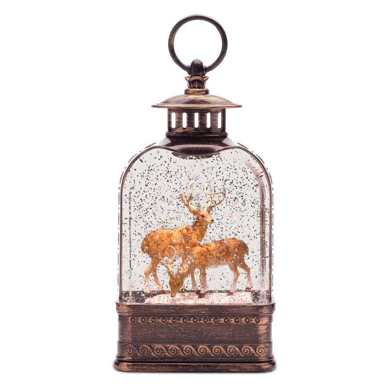 Holiday Deer Snow Globe Lantern with LED Lights Swirling Glitter and 6 Hours Timer Rustic Winter Decor - 5"L x 2.75"W x 10.75"H