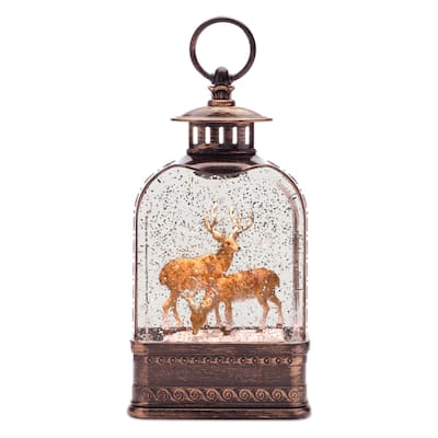 Holiday Deer Snow Globe Lantern with LED Lights Swirling Glitter and 6 Hours Timer Rustic Winter Decor - 5"L x 2.75"W x 10.75"H