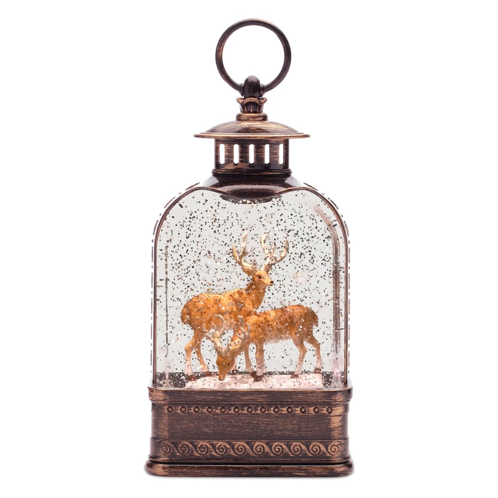 Holiday Deer Snow Globe Lantern with LED Lights Swirling Glitter and 6 Hours Timer Rustic Winter Decor - 5"L x 2.75"W x 10.75"H