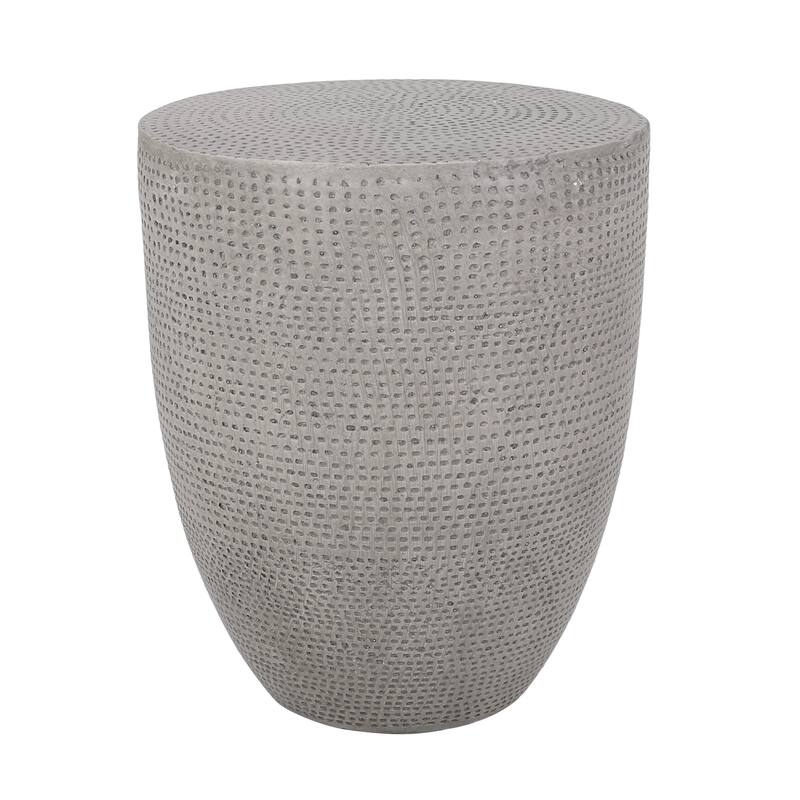 Roomfitters Outdoor Lightweight Concrete Side Table with Textured Drum Design, Patio Accent Table, Natural