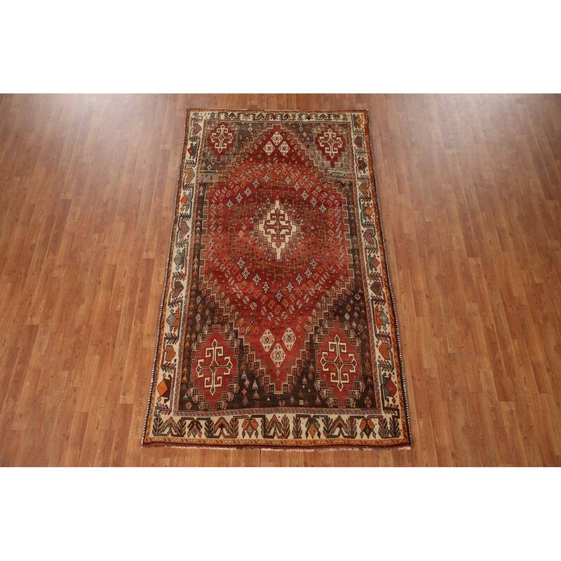 Geometric Shiraz Persian Vintage Area Rug Handmade Orange Wool Carpet - 5'0"x 8'9"