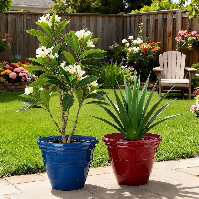 Glitzhome Set of 2 Round Turquoise Faux Ceramic Pot Plastic Planter