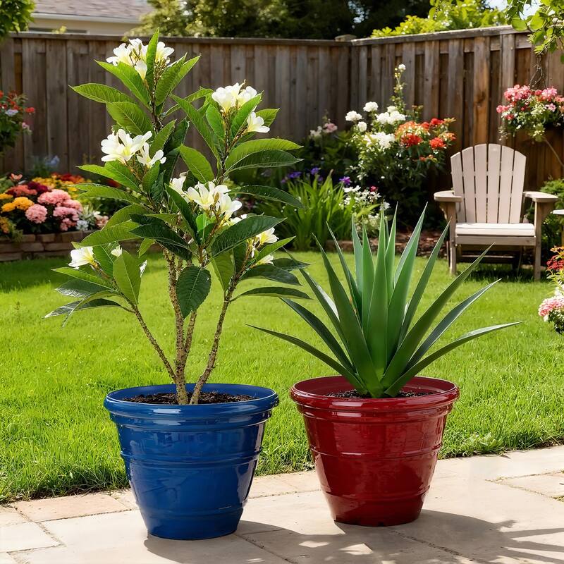 Glitzhome Set of 2 Round Cobalt Blue/Turquoise/Red Faux Ceramic Pot Plastic Planter