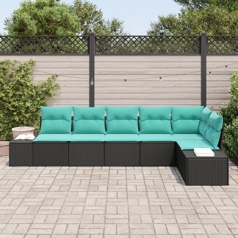vidaXL 7 Garden Sofa Set with Cushions Black Poly Rattan - 125.6 x 60.6 x 27.2
