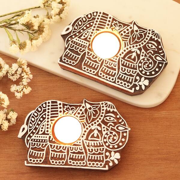 Novica Handmade Illuminated Elephants Wood Tealight Candle Holders