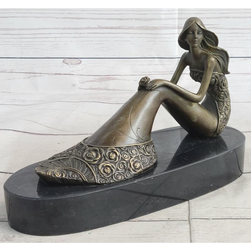 Young Woman In Floral Skirt Mermaid Effect Bronze Statue Sculpture Figure On Marble Base