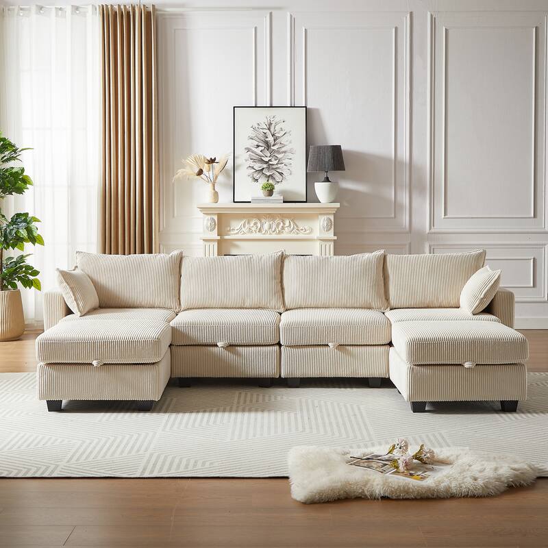 Beige 6-Piece Convertible Corduroy Modular Sectional Sofa with Storage & Ottomans