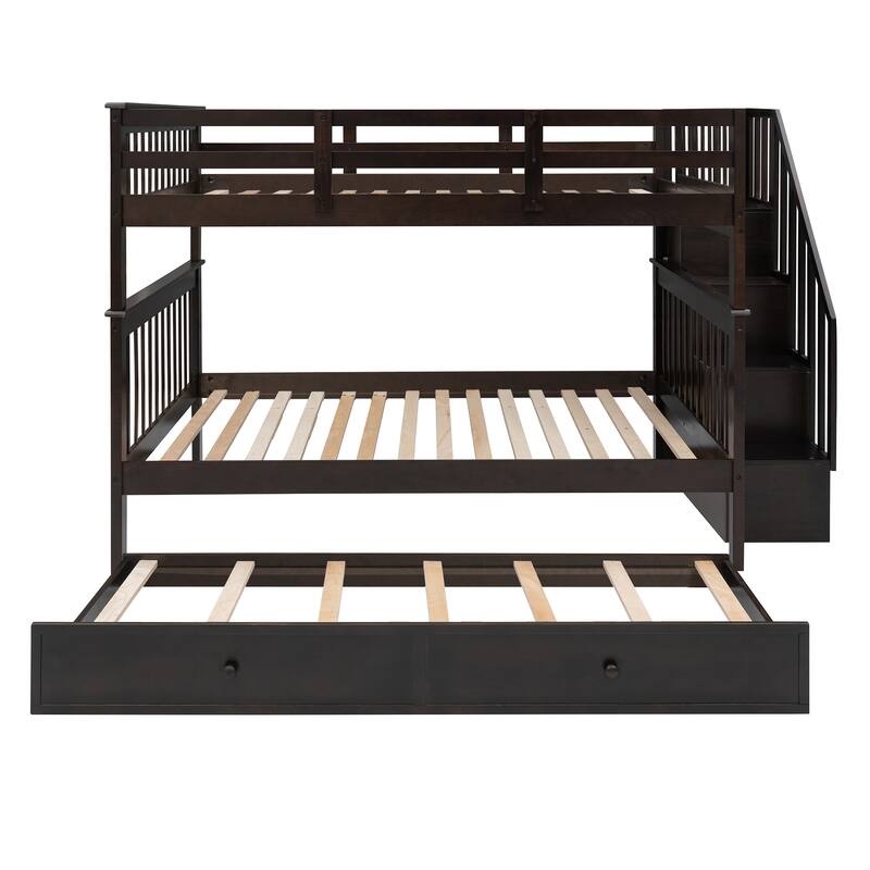 Full-Over-Full Bunk Bed with Twin Trundle, Storage, and Guard Rail in Espresso Finish