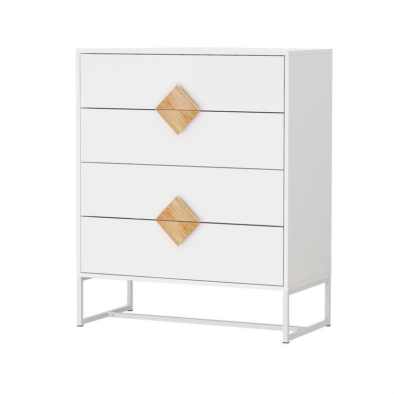 White Solid Wood 4-Drawer Chest Storage Cabinet with Square Handles