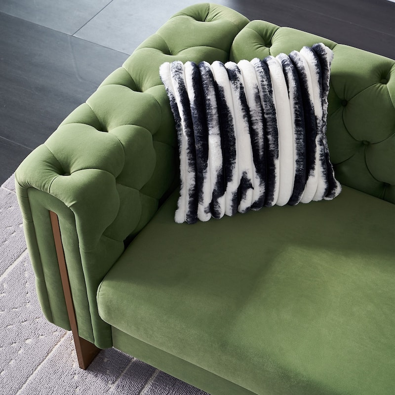 84.25" Luxurious Tufted Velvet Upholstered 3-Seater Sofa with Golden Metal Armrest Design and Buttoned Tufted Backrest