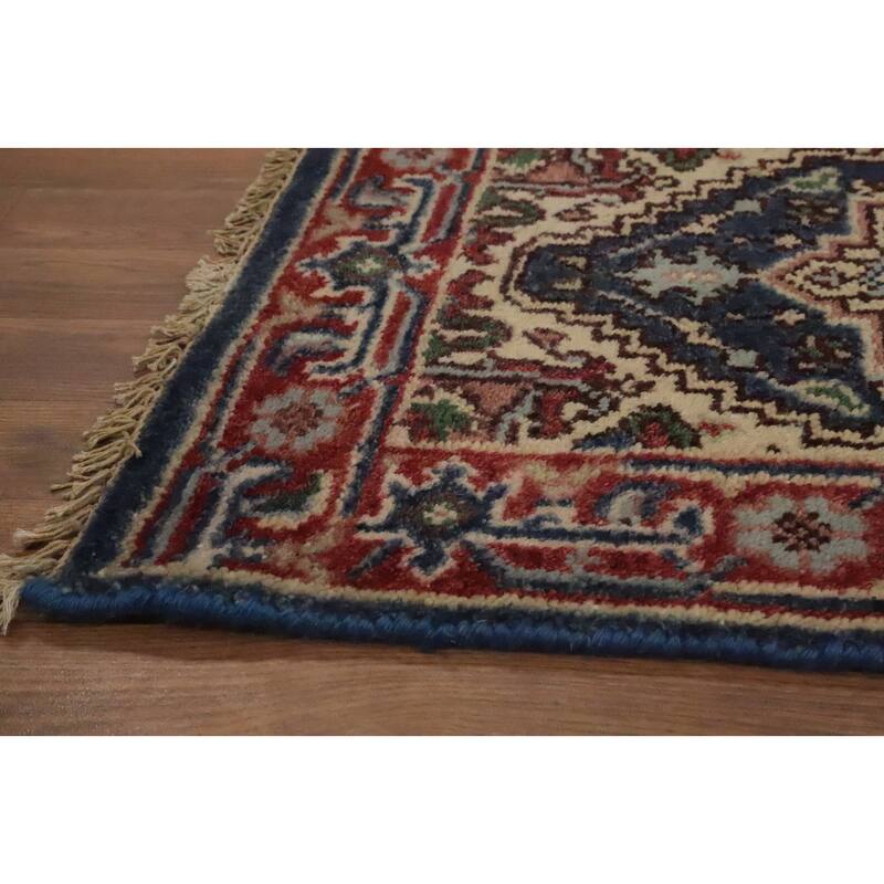 Hand Knotted Oriental 100% Wool Carpet Traditional Medallion Navy Blue & Blues Heriz (serapi) Area Rug - 3' 0'' X 2' 0''