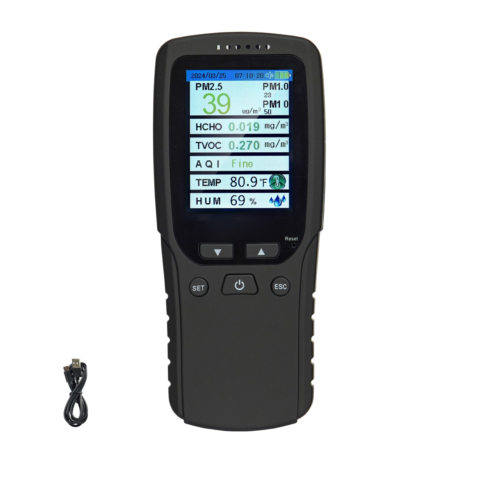 Air Quality Monitor 9-IN-1 for Indoor/Outdoor, Air Quality Meter w/Alarm Thresholds