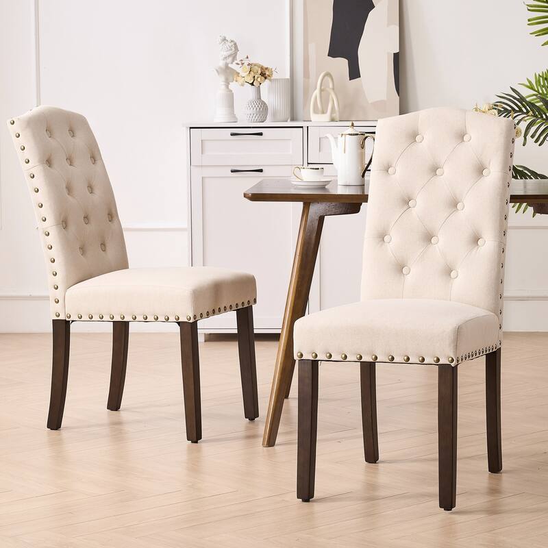 Fabric Upholstered Tufted High Back Dining Chairs with Nailhead Trim