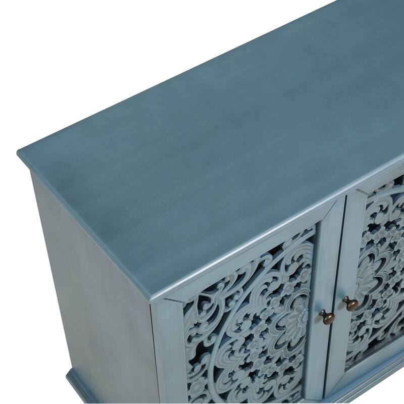 Buffet Cabinet with Floral Carvings with Solid Wood Legs&Antique Brass Handles&Adjustable Shelves,