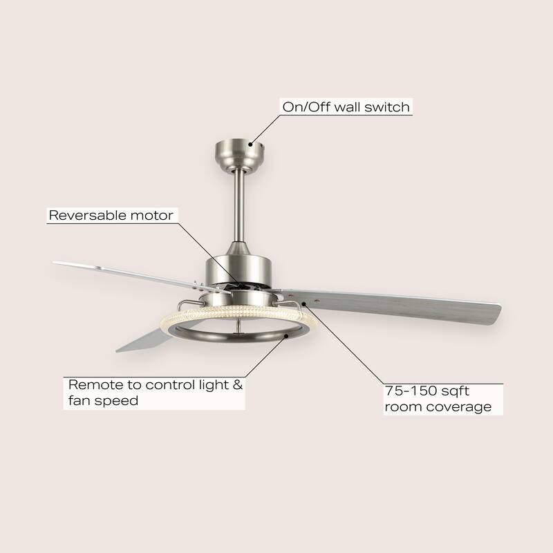 Bruno 52" 1-Light Modern Industrial Iron/Acrylic/Wood Remote-Controlled 6-Speed Integrated LED Ceiling Fan, by JONATHAN Y