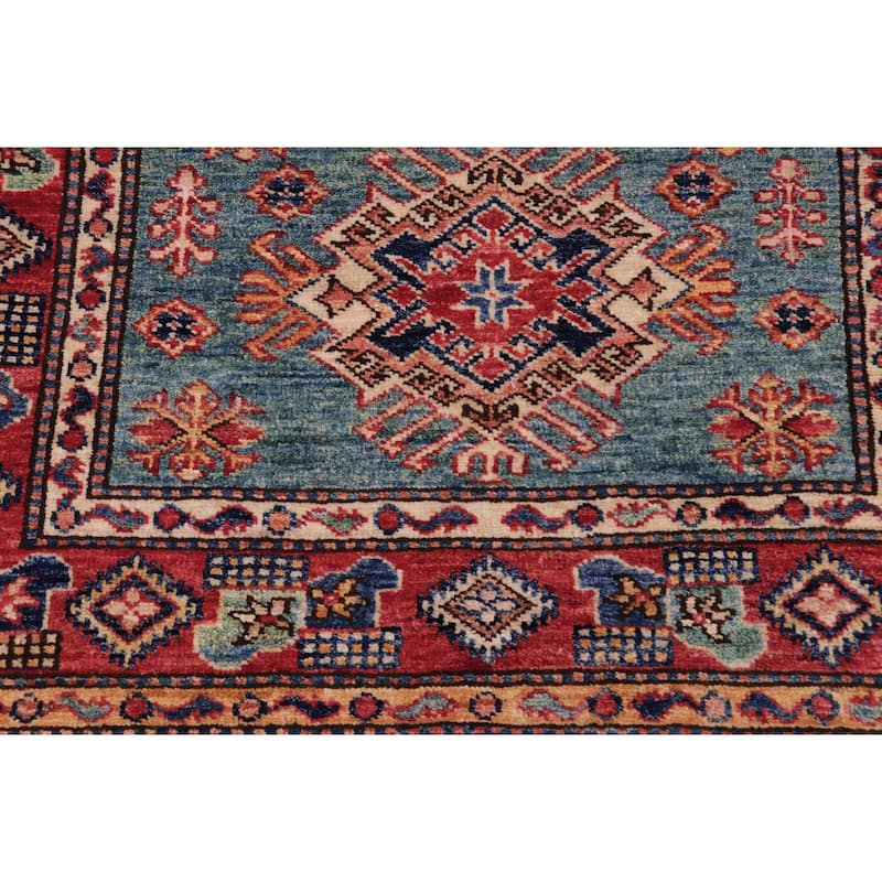 Tribal Super Kazak Sage Green/Red Hand Knotted Wool Rug - 3'0'' x 4'0''