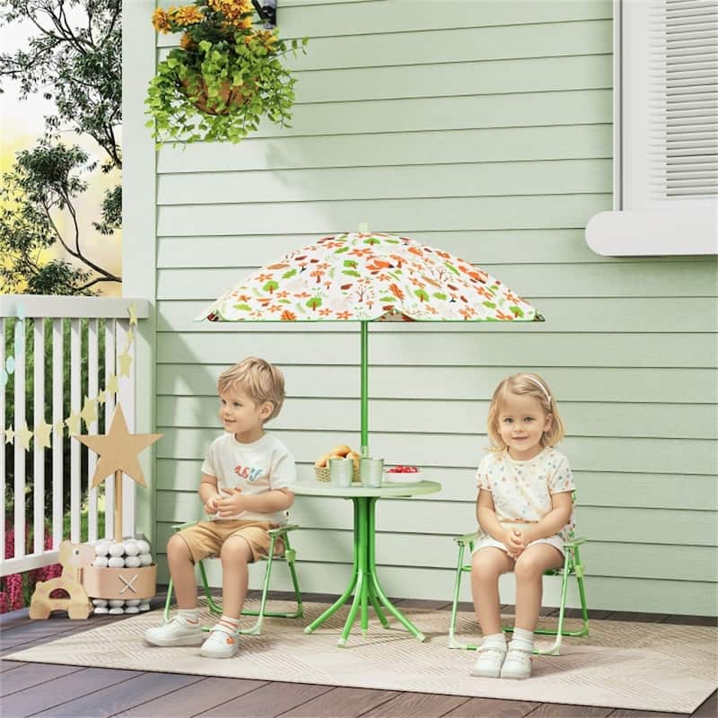 Kids Outdoor Table and Chair Set with Adjustable Umbrella and Steel Frame for Comfortable Seating - Fox