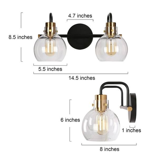 Modern 2-Light Black Gold Bathroom Vanity Light Wall Sconce with Clear Glass - 14.5" L x 8" W x 8.5" H