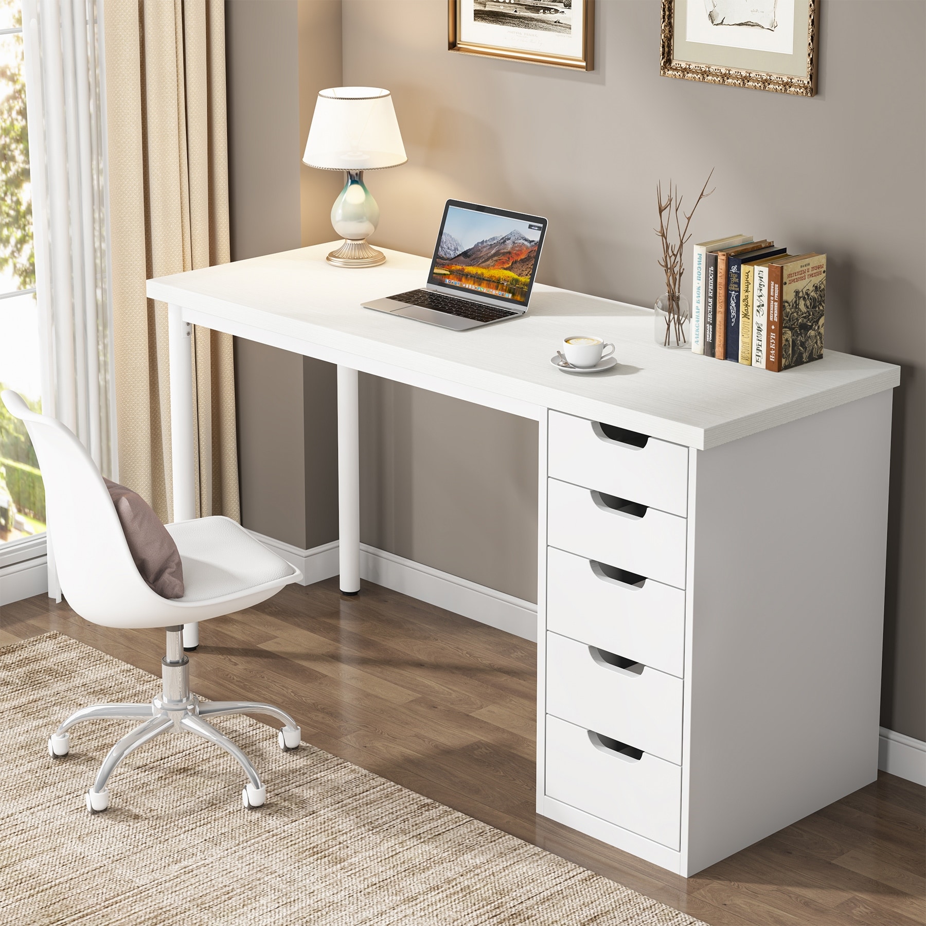 47-inch Computer Desk with 5-drawer, Wood and Metal Writing Desk for Study Living Room