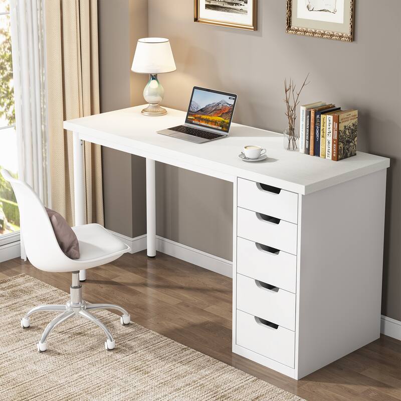 Modern Computer Desk with 5 Reversible Drawers, Storage Home Office Desk, PC/Laptop Desk, Study Writing Table Workstation