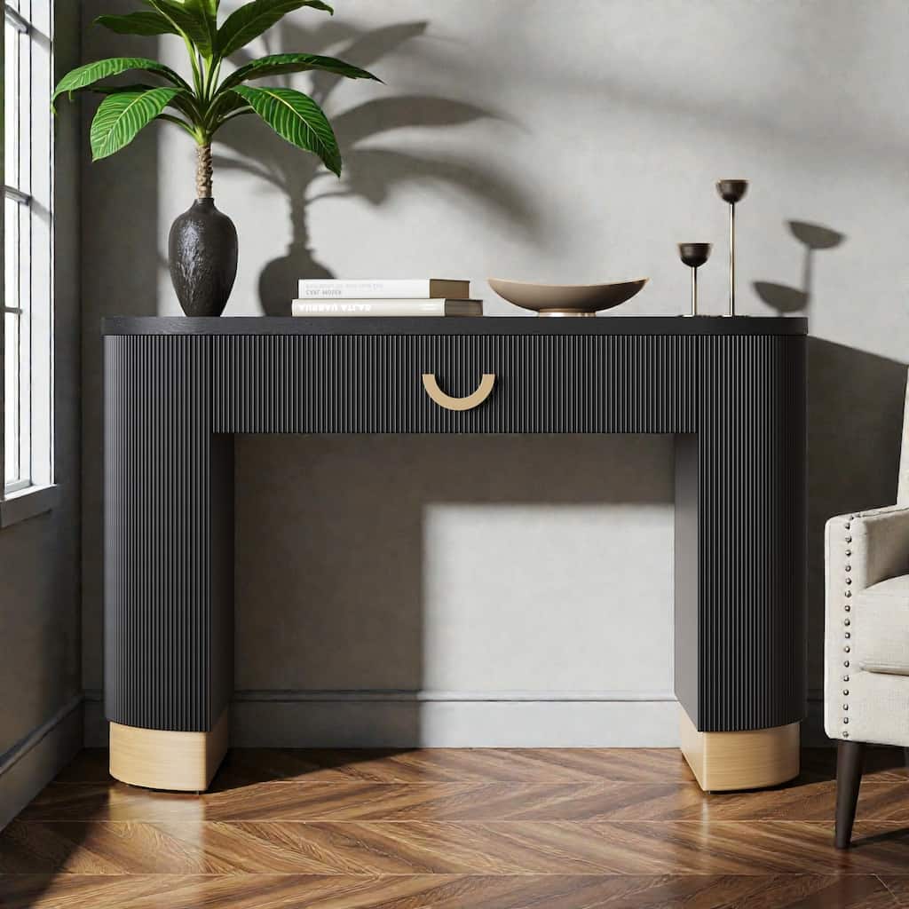 Modern Oval Console Table with Vertical Ribbed Design, Drawer Storage & Solid Base, Entryway Table for Living Room