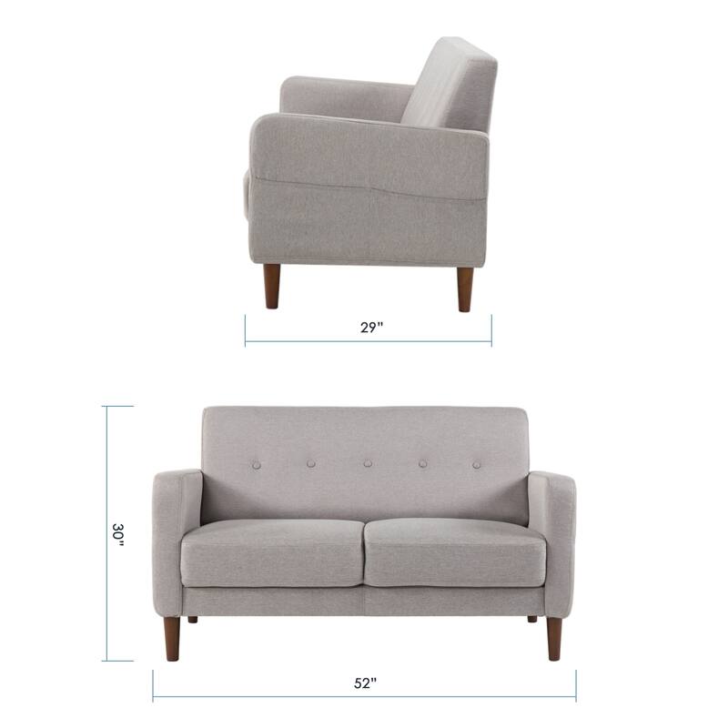 ADAIR MidCentury Modern Tufted Linen Fabric Loveseat with Armrest Pockets Light Grey By Crown Comfort