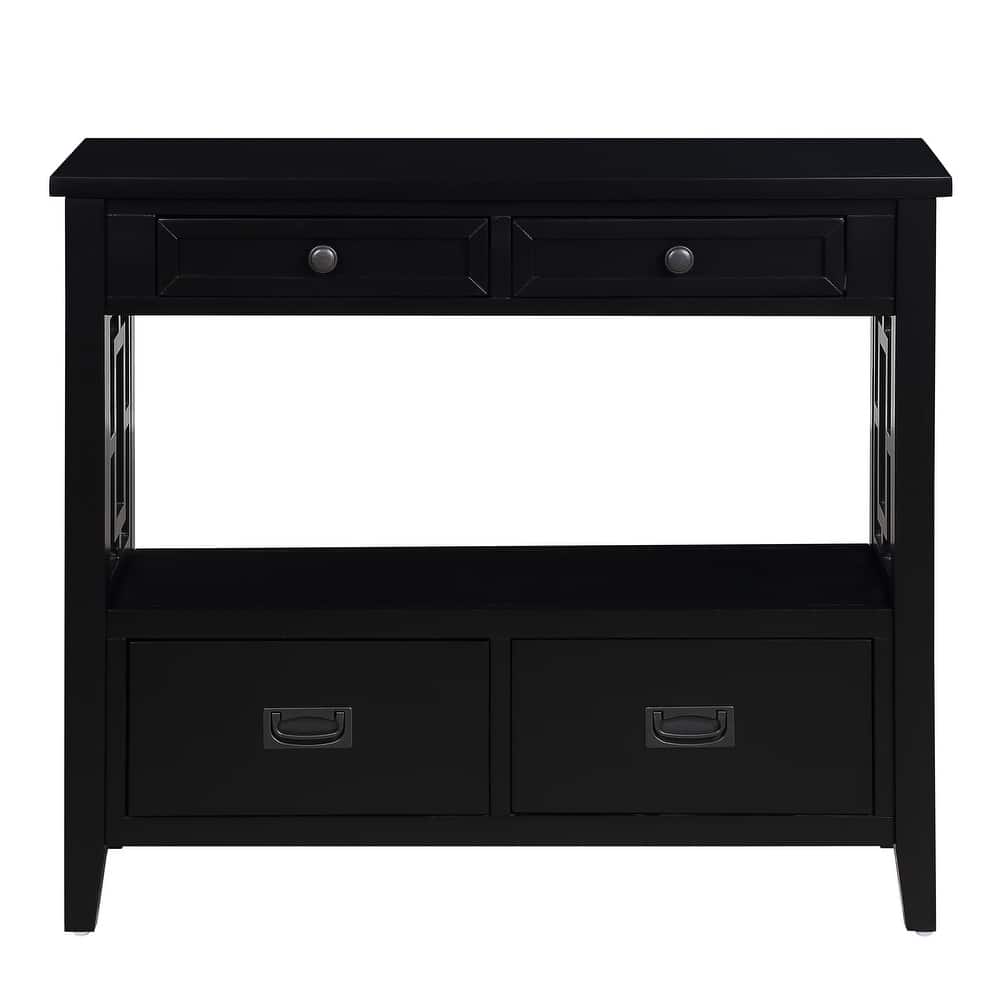 36" Country Console Table with Hollow Decorative, Solid Wood Living Room Entryway Sofa Table with 4 Drawers and Open Shelf